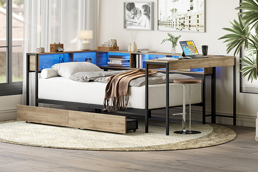4599-1-3DU Study Metal Sengeramme med L-formet skrivebord