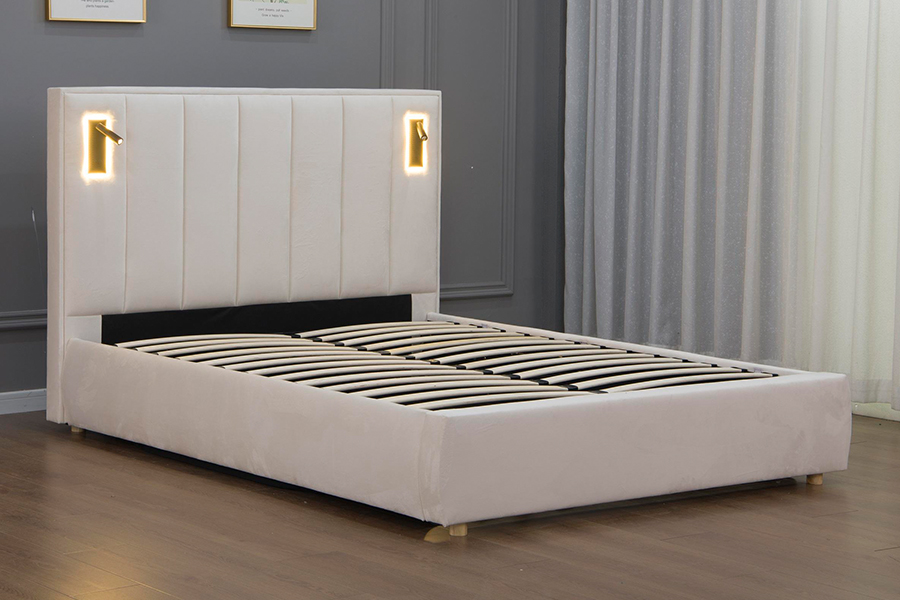 5033-1G Hydraulisk Opbevaring Moderne Blød Beige Velvet LED Polstret Sengeramme
