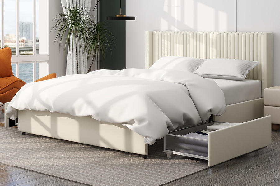 N18 Moderne Beige Polstret Blød Seng Justerbar Polstret Opbevaringsseng Stel