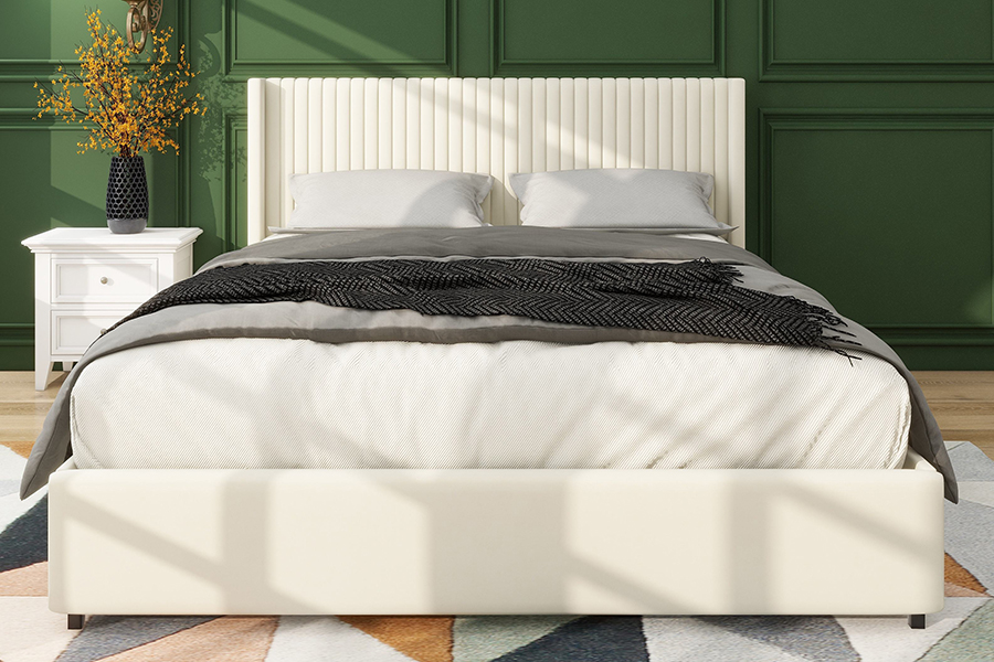N18 Moderne Beige Polstret Blød Seng Justerbar Polstret Opbevaringsseng Stel