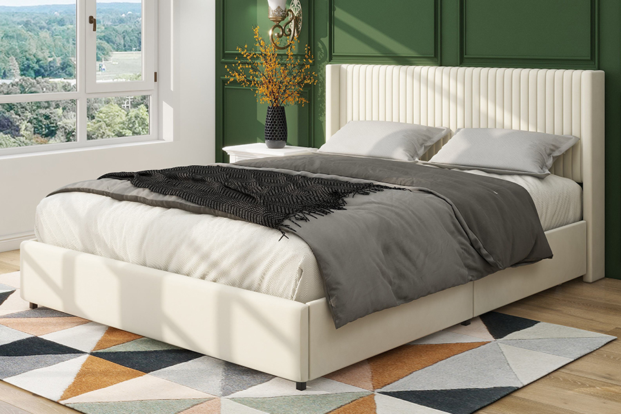 N18 Moderne Beige Polstret Blød Seng Justerbar Polstret Opbevaringsseng Stel