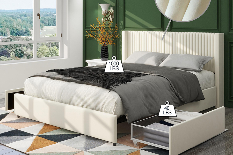 N18 Moderne Beige Polstret Blød Seng Justerbar Polstret Opbevaringsseng Stel