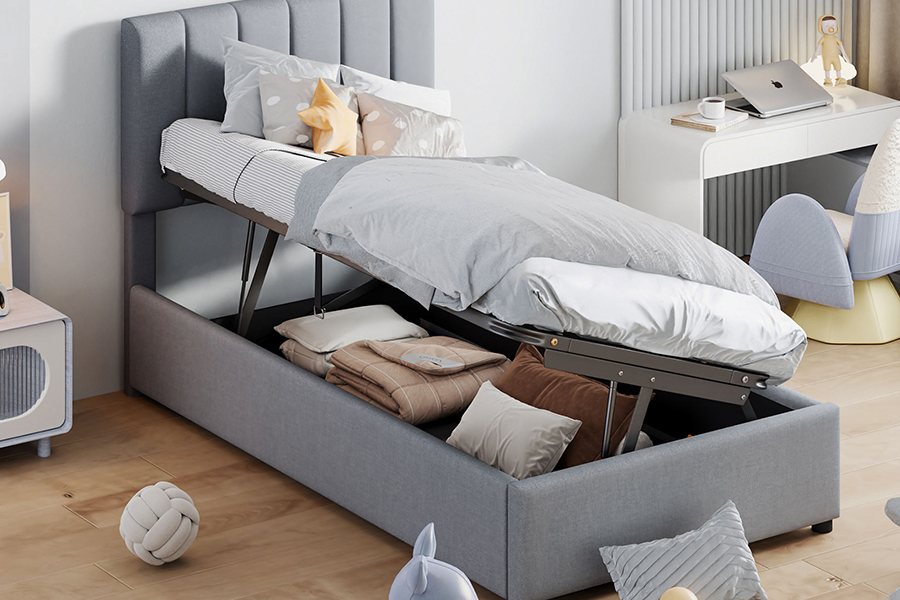 N16 Modern Grey Stof Løftbar opbevaringsfunktion Polstret Opbevaringsseng Stel
