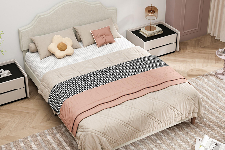 N21 høj kvalitet beige stof Queen Size polstret seng