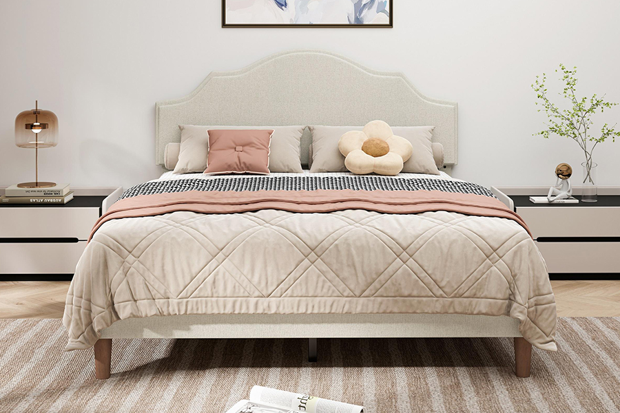N21 høj kvalitet beige stof Queen Size polstret seng