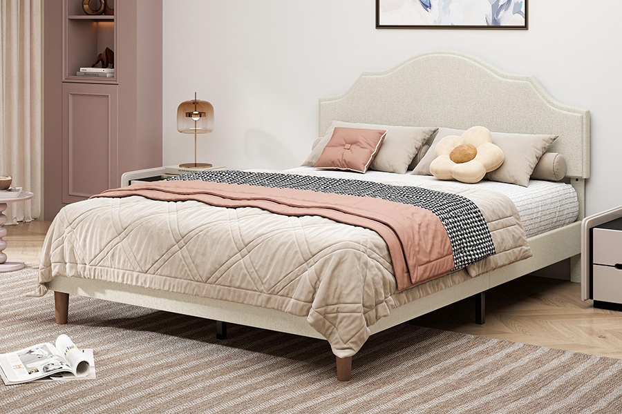 N21 høj kvalitet beige stof Queen Size polstret seng