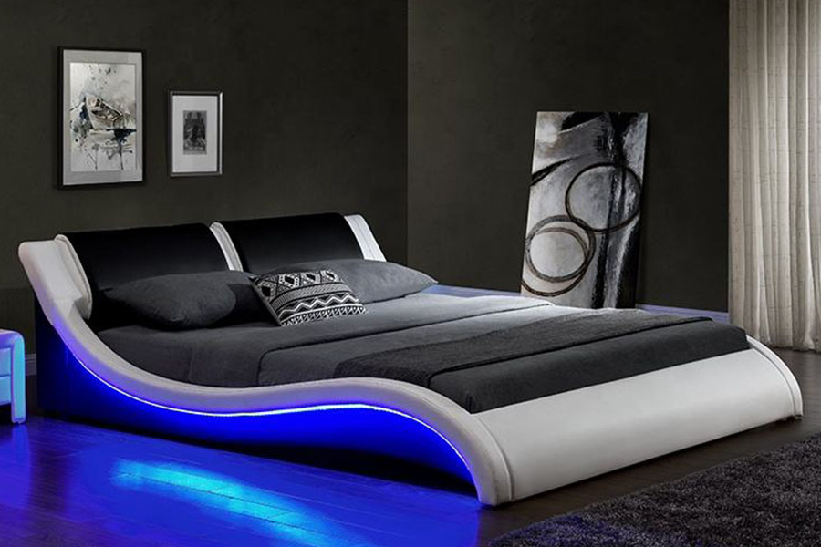 1178-1 Wave-lignende LED-ramme læder Queen King Polstret seng